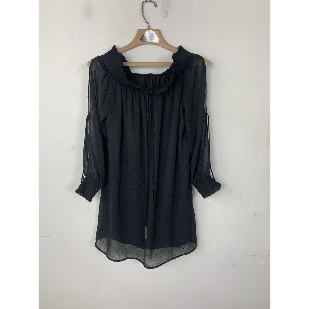Zara Basic Black Off Shoulder Clip Dot Metallic Chiffon Blouse Top Medium